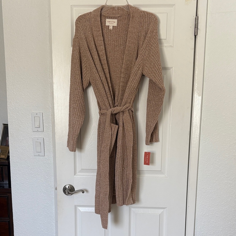 Cream Knit Belted Long Cardigan Sweater